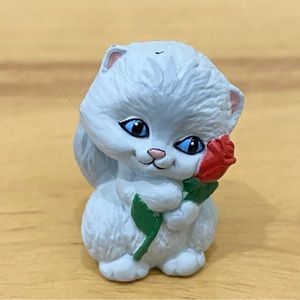 Vintage 1989 Hallmark Bluish Plastic Cat Holding Rose Flower Mini Figurine